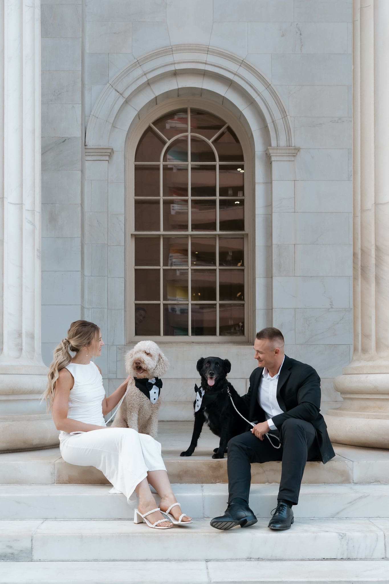 Denver courthouse wedding couple with dogs outside white marble columns