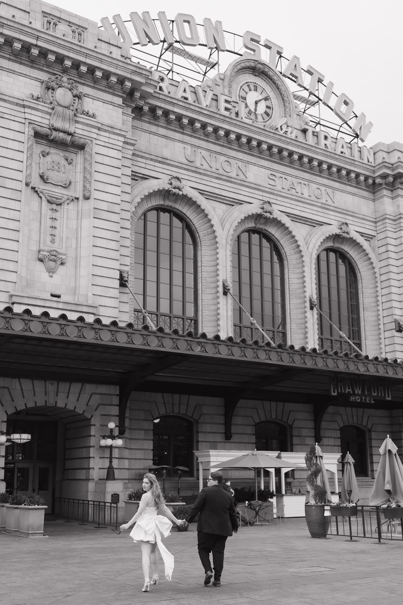 Black and white Union Station wedding portraits in downtown Denver
