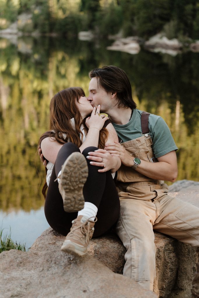 Colorado Engagement Session Locations Couple sharing a laugh during a styled Colorado engagement session in Rocky Mountain National Park
