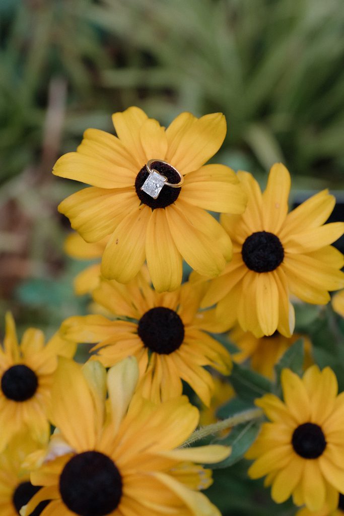 Colorado Engagement Session Locations Close-up of an engagement ring among yellow wildflowers at the Denver Botanic Gardens Colorado engagement session